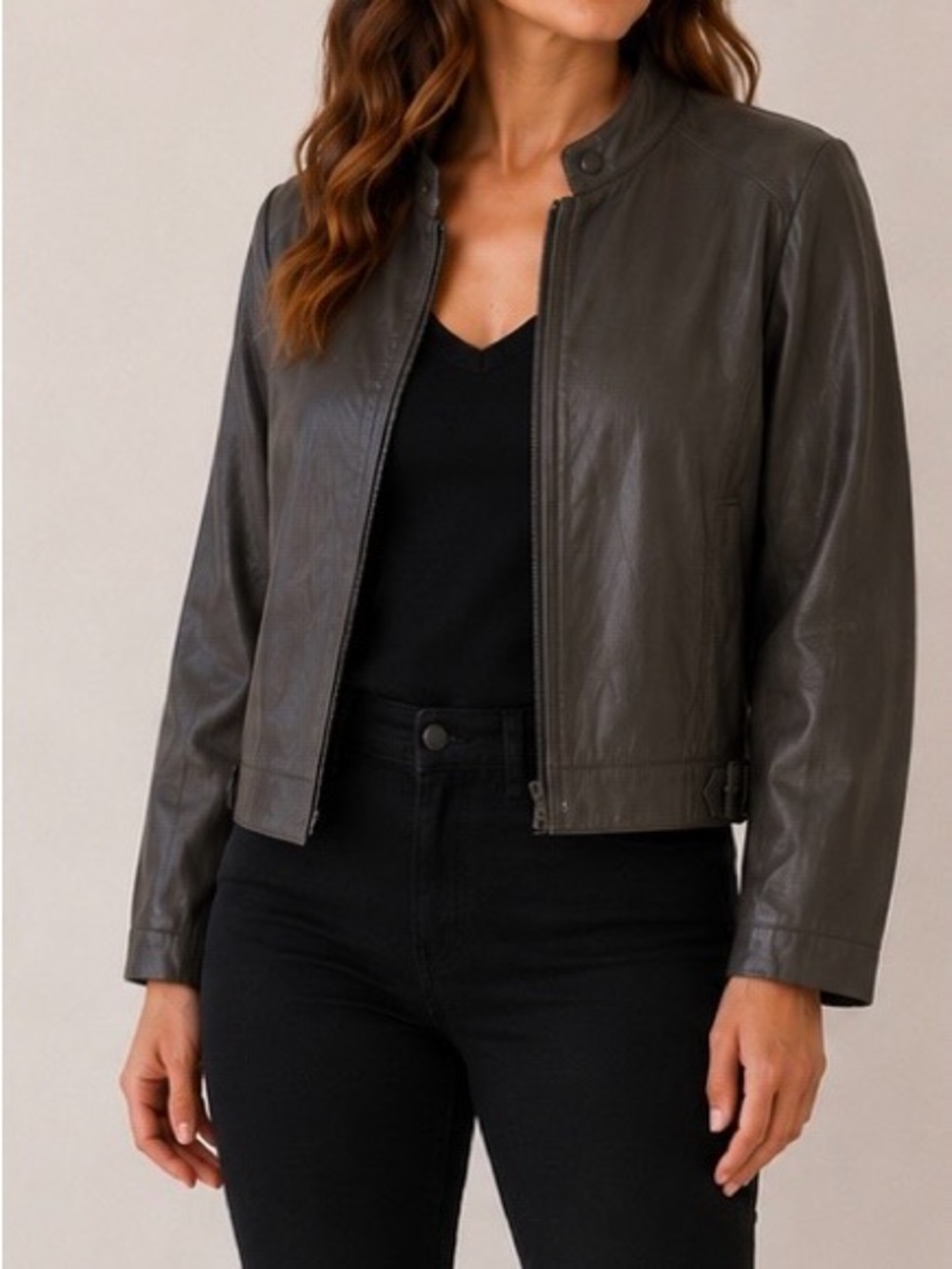 Women’s Dark Gray Leather Moto Jacket